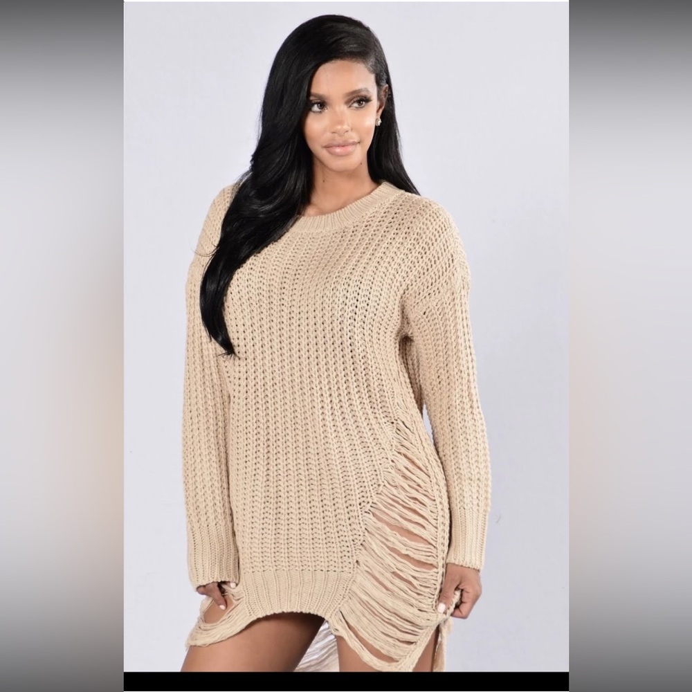 Fashion Nova Tan Knit Sweater with Fringe Detail